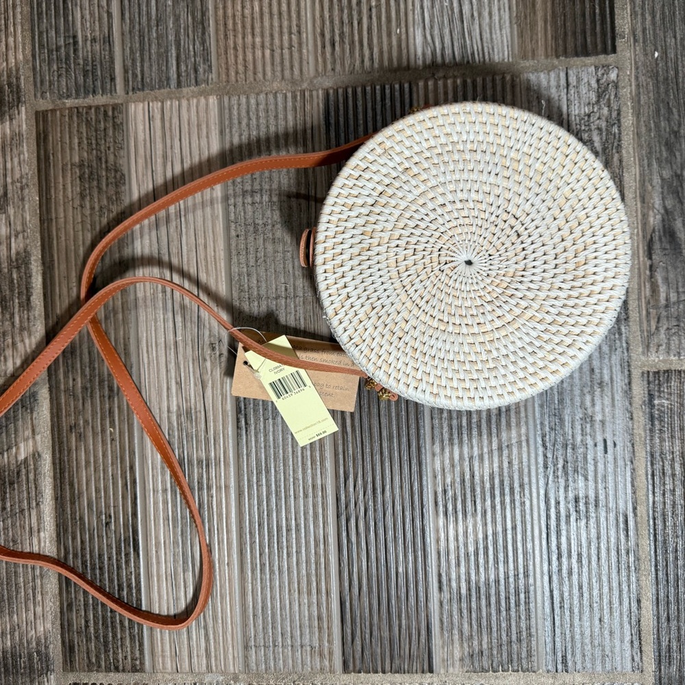 Round Woven Crossbody Bag with Tan Strap